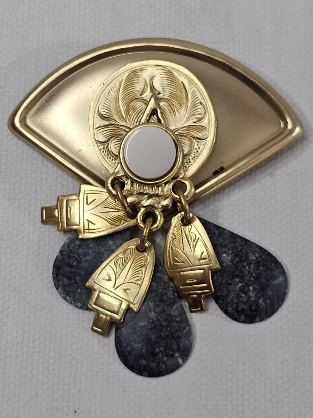 Vintage GoldTone Boho Brooch Engraved Detail Dangles Jewelry Blazer Pin Unmarked